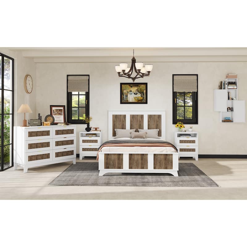 Modern Platform Bed with Wooden Strip Decoration, Plywood Slats Support