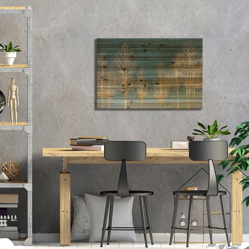 Gold Forest On Teal Print On Wood by Kate Bennett - Multi-Color