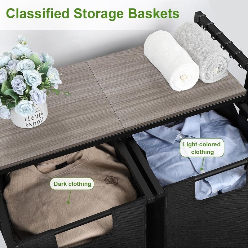 Laundry Hamper Sorter 2 Section Laundry Basket Organizer with Wheels - 28.2"D x 11.8"W x 30.9"H