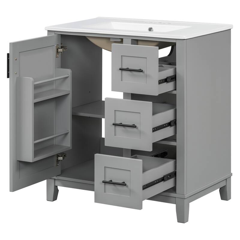 GDFStudio - Tim 30" Modern Bathroom Vanity with Ceramic Sink - Rubberwood Frame, 3 Drawers & Double-Rack Door, Soft-Close