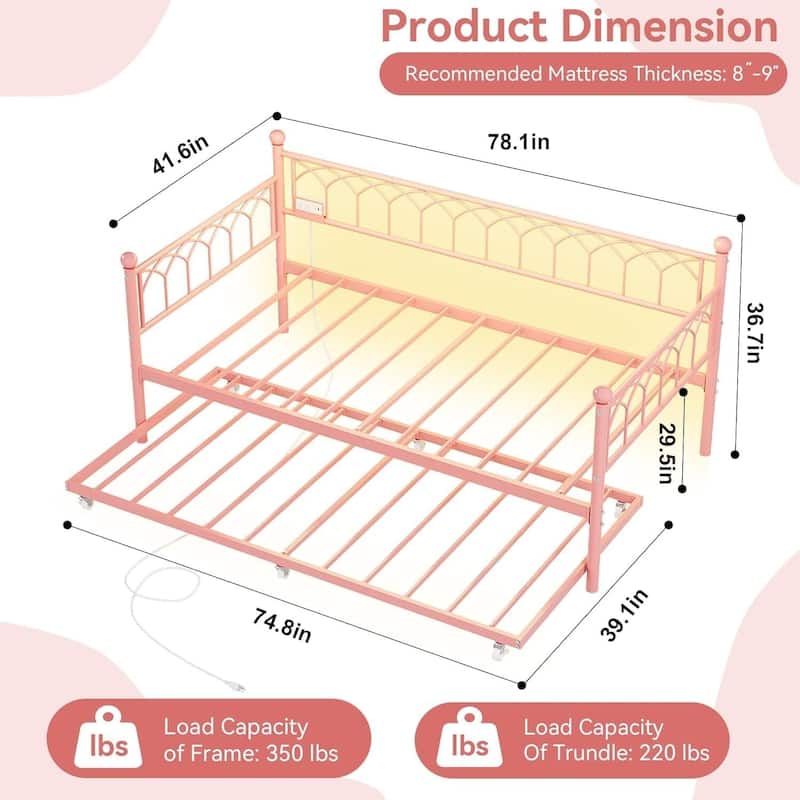 Heavy Duty Metal Platform Sofa Bed Frame, with Charging Station and LED Lights