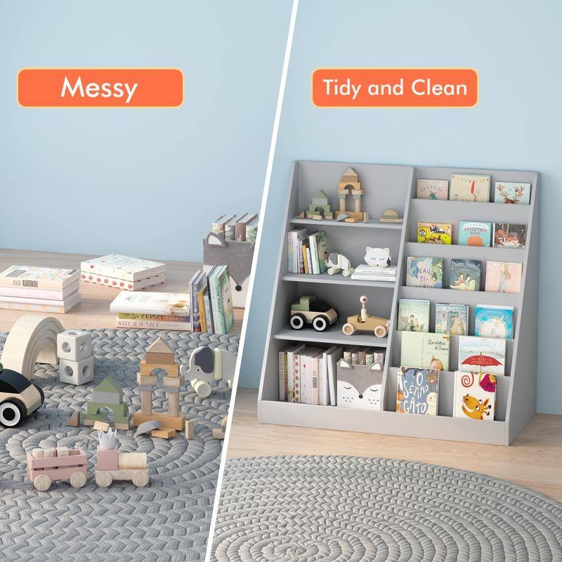 4-Tier Wooden Kids Bookshelf & Toy Organizer with Storage Bin, Modern Display Bookcase for Nursery Playroom