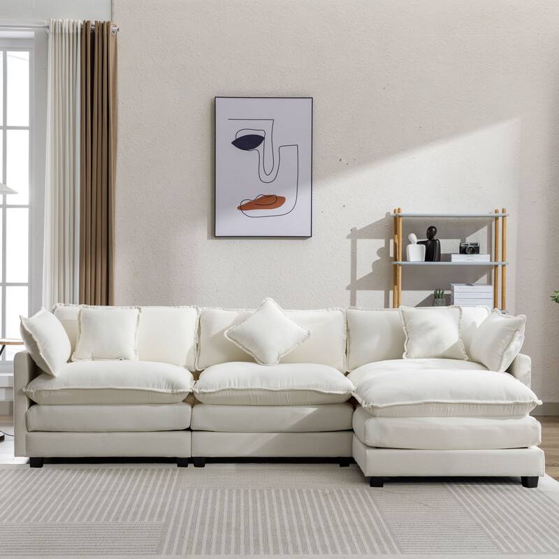 112.2" L-Shape Chenille 4 Seat Sectional Sofa with Removable Ottoman and 5 Plush Pillows, Modern Luxury Couch