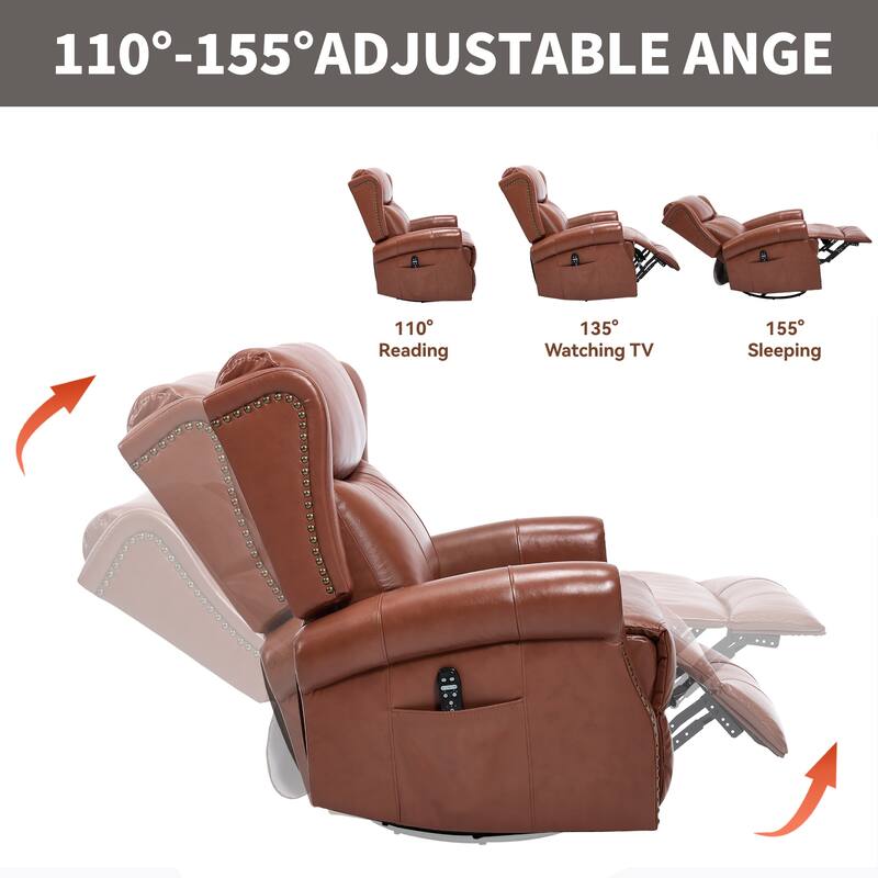 360° Swivel Rocking Recliner with Heat & Massage, Genuine Leather
