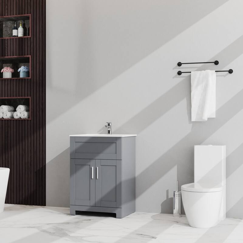 Gray MDF Modern Bathroom Vanity with Drop-in Sink, 2-Door Storage, Soft-Close Hinges, Eco-Friendly Melamine Finish - 24in L MDF