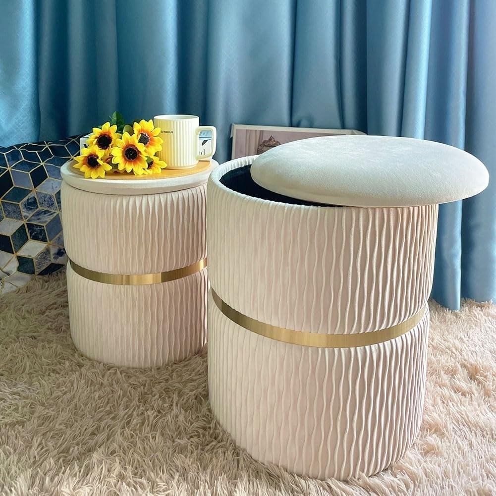 Round Ottoman Set of 2 with Storage Support 330lbs Soft Ottoman Foot Rest Gold Coffee Table for Living Room and Dressing Room