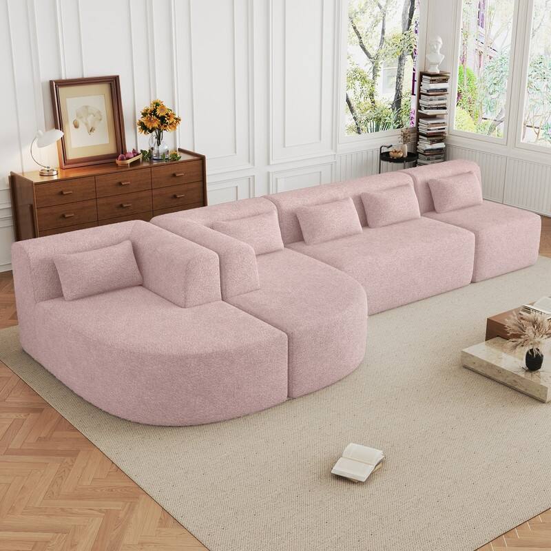 Free Combination Upholstered Sectional Sofa, Sofa Set with Curved Chaise Lounge, Large Floor Couch with Pillows - Pink