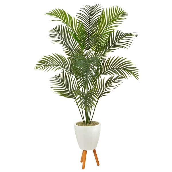 6.5' Golden Cane Artificial Palm Tree in White Planter with Stand - 21" - Grey