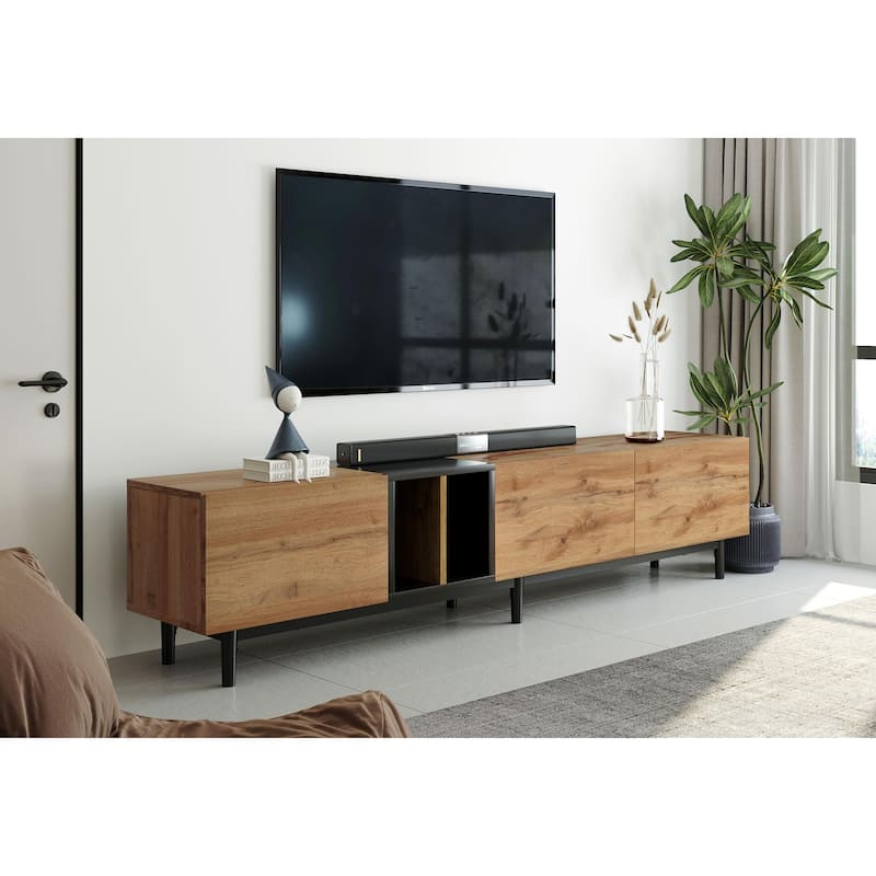 ​​Modern Minimalist TV Stand with 3 Storage Cabinets and Drop Down Doors for Living Rooms and Home Theaters​​