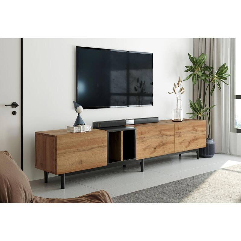 Modern TV Stand for 80'' TVs with 3 Doors, Concealed Storage and Pull-Down Cabinet Doors, for Living Rooms and Bedrooms
