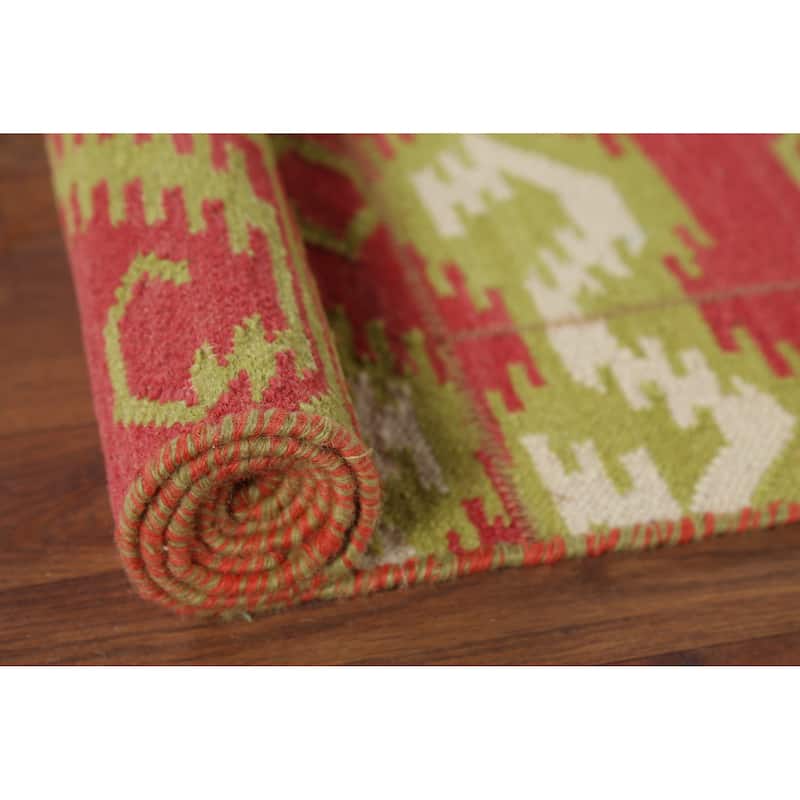 Geometric Kilim Oriental Area Rug Flatweave Pink Wool Carpet - 5'11"x 8'10"