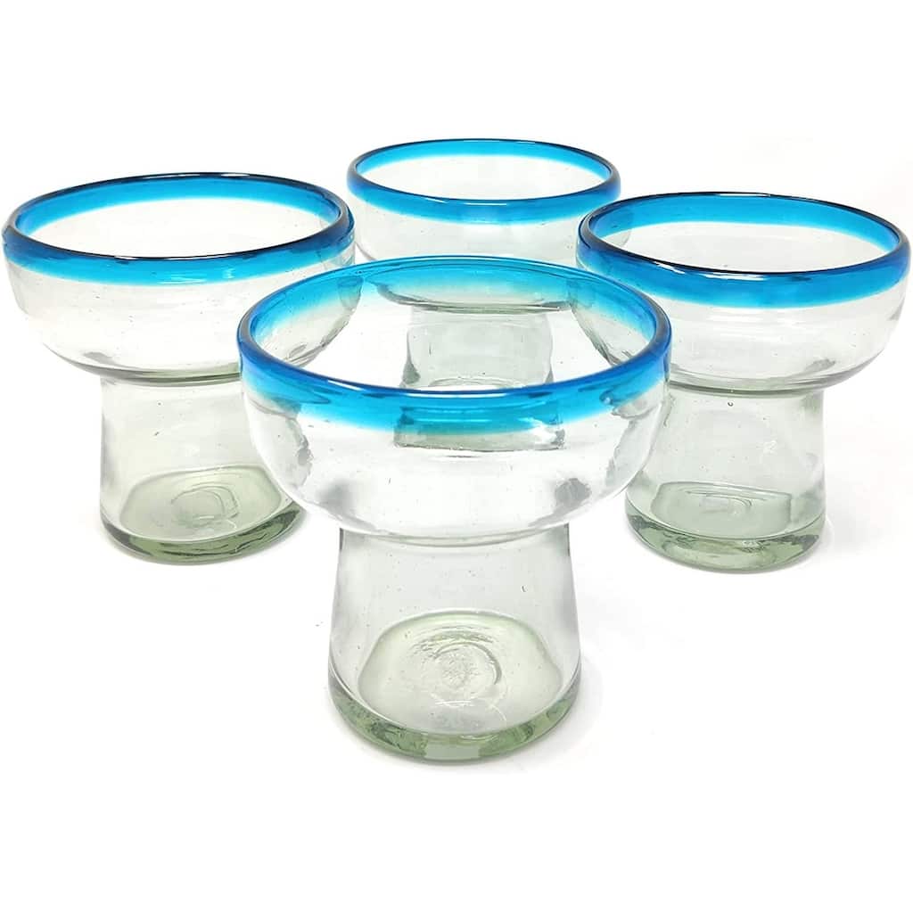 Dos Sueños Mexican Hand Blown Glass – Set of 4 Hand Blown Stemless Aqua Rim Margarita Glasses (14oz)