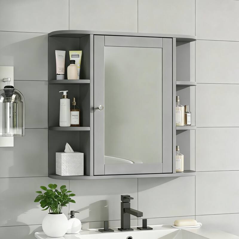 Bathroom Wall Storage Cabinet with Mirror, with Adjustable Wood Shelf & Doors, Mounted Storage Cabinets with 6 Open Shelves - Gray