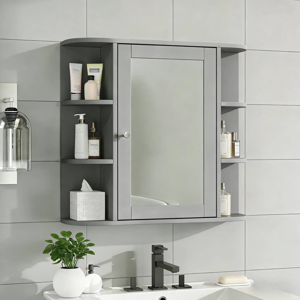 Bathroom Wall Storage Cabinet with Mirror, with Adjustable Wood Shelf & Doors, Mounted Storage Cabinets with 6 Open Shelves