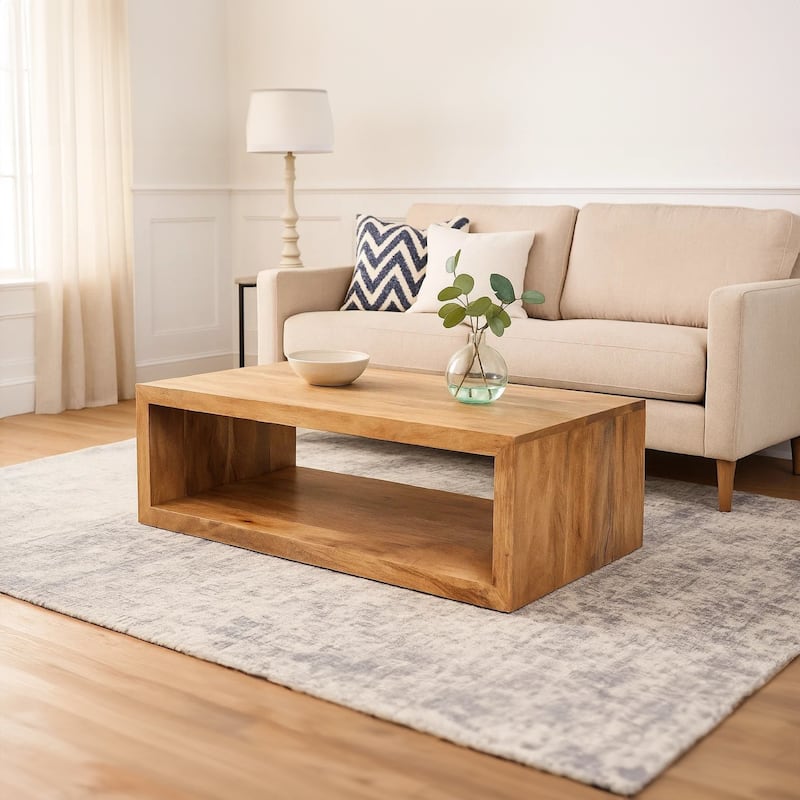 Keli 58 Inch Mango Wood Coffee Table, Open Cube, 1 Shelf, Natural Brown