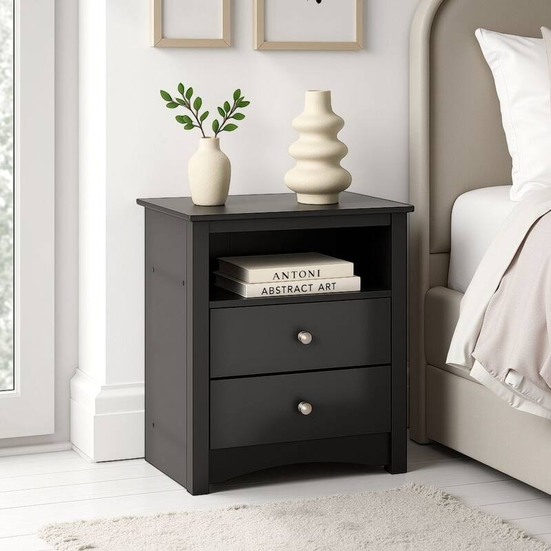 Broadway Black 2-drawer and Open Cubby Nightstand