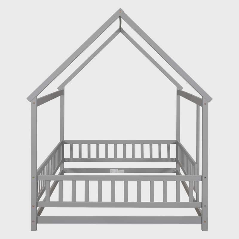 Full Size Floor Wooden Bed with House Roof Frame