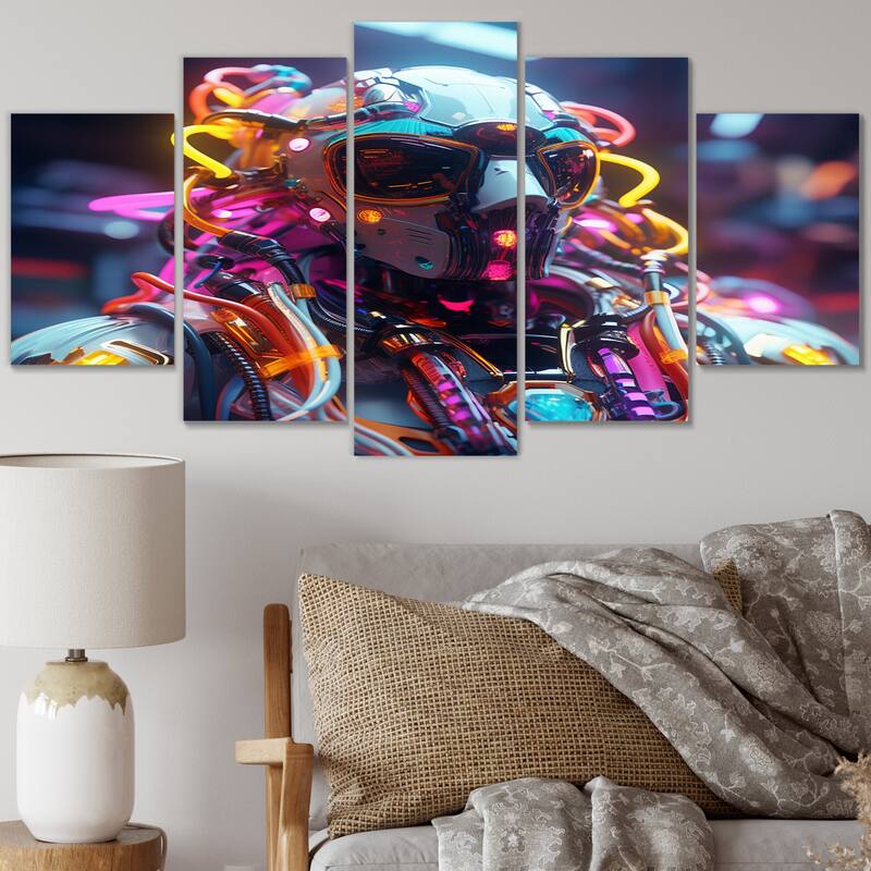 Designart "Sci-Fi Retro Futuristic Robot In Neon III" Robot Multipanel Wall Art Living Room set - 60 In. Wide X 32 In. High - 5 Panels Diamond Shape