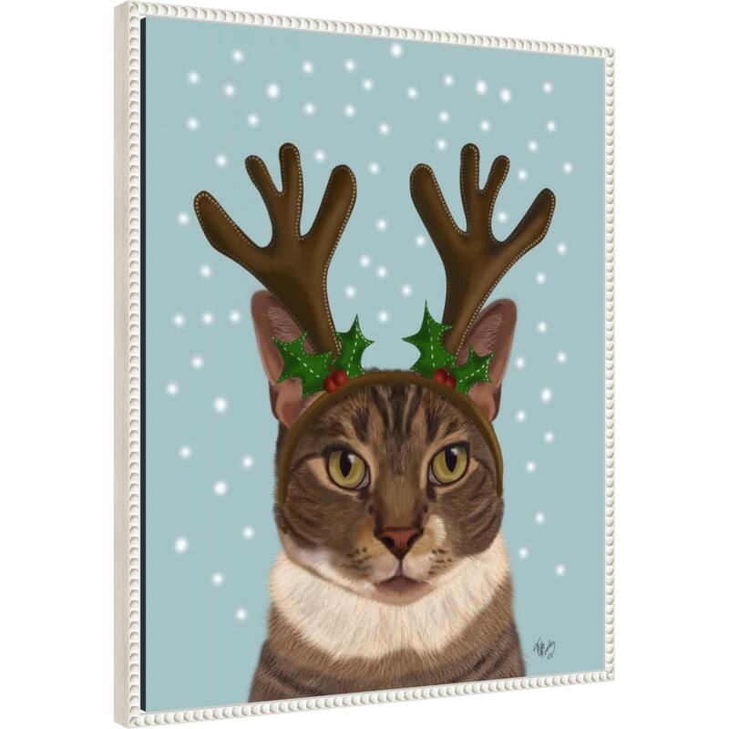 Calico Cat and Antlers by Fab Funky (23 x 28 in.), Framed Canvas Wall Art Print - Sylvie Beaded White