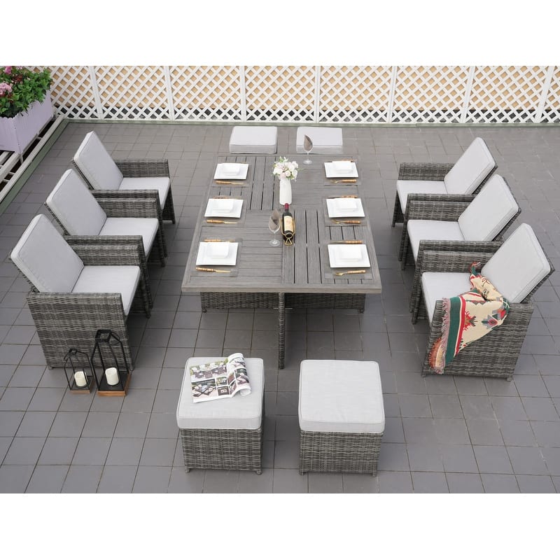 11-Piece Patio Wicker Aluminum Dining Table Set w/ Chairs and Ottomans