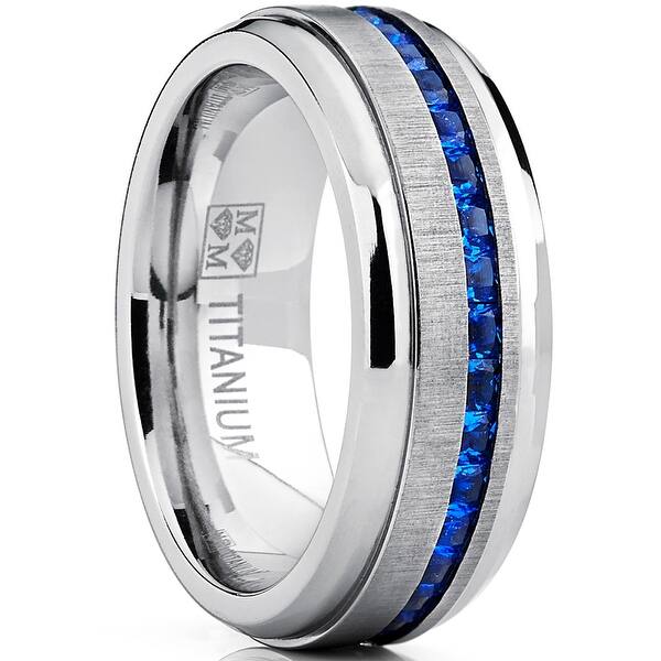 slide 6 of 6, Mens Titanium Ring Eternity Wedding Band Blue Princess-cut CZ 8mm 11.5