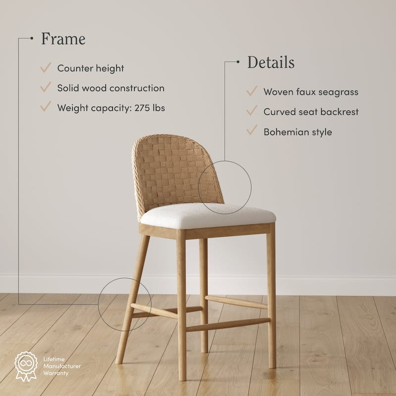 Rikki Seagrass Bar Stool with Back, Cream Boucle Counter Stool with Upholstered Seat and Solid Wood Legs