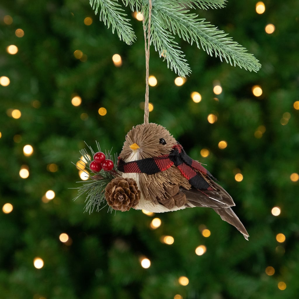 Woodland Baby Bird with Plaid Winter Scarf Christmas Ornament - 5.5"