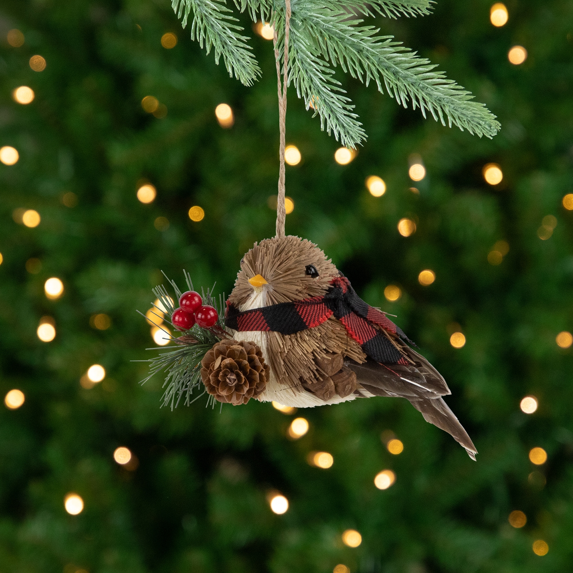 Woodland Baby Bird with Plaid Winter Scarf Christmas Ornament - 5.5"