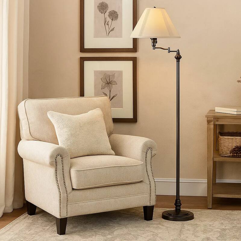 150 Watt Metal Floor Lamp with Swing Arm and Fabric Conical Shade, Black