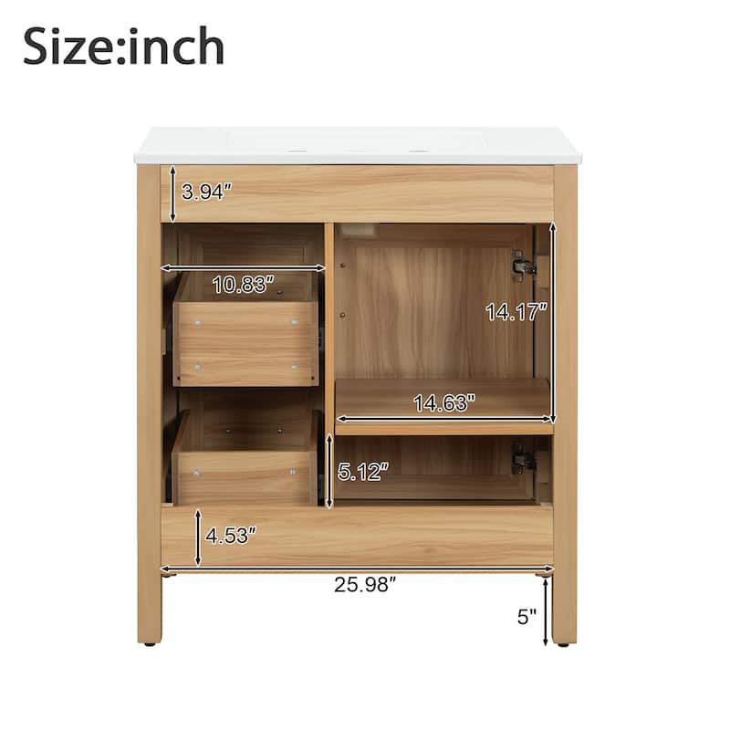30" Wood Bathroom Vanity with Solid Wood Frame - 1 Soft-Close Door, 2 Soft-Close Drawers, Adjustable Shelf(Sink Not Included)