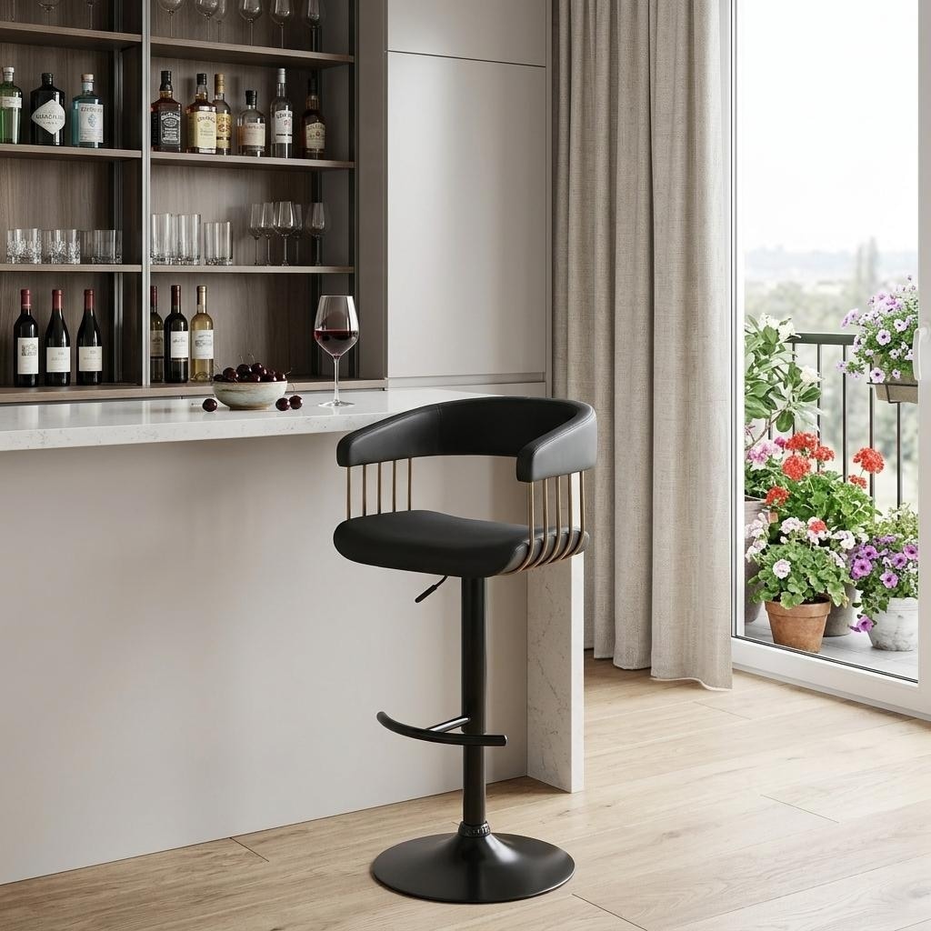 HomeRoots Black Faux Leather And Metal Swivel Adjustable Height Bar Chair