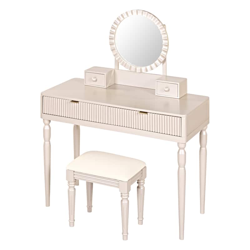 Make-up Vanity Desk with Round Mirror,4 Drawers and Stool