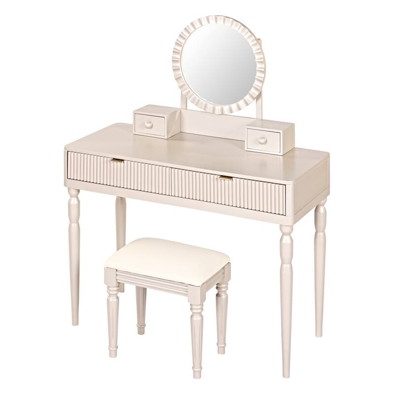 Vanity Desk with Adjustable Round Mirror, Wooden Dressing Table Set, Makeup Vanity Table with 4 Drawers & Cushioned Stool