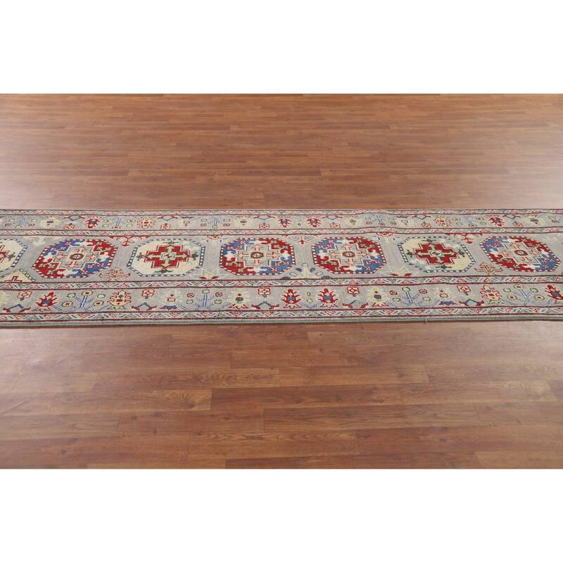 Hand Knotted Oriental 100% Wool Carpet Traditional Geometric Greys & Charcoal Kazak Runner Rug - 13' 3'' X 2' 8''