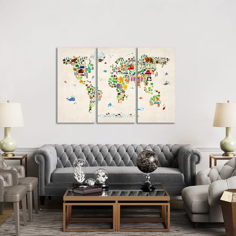 iCanvas "Animal Map of The World II" by Michael Tompsett 3-Piece Canvas Wall Art Set - 40x60x1.5