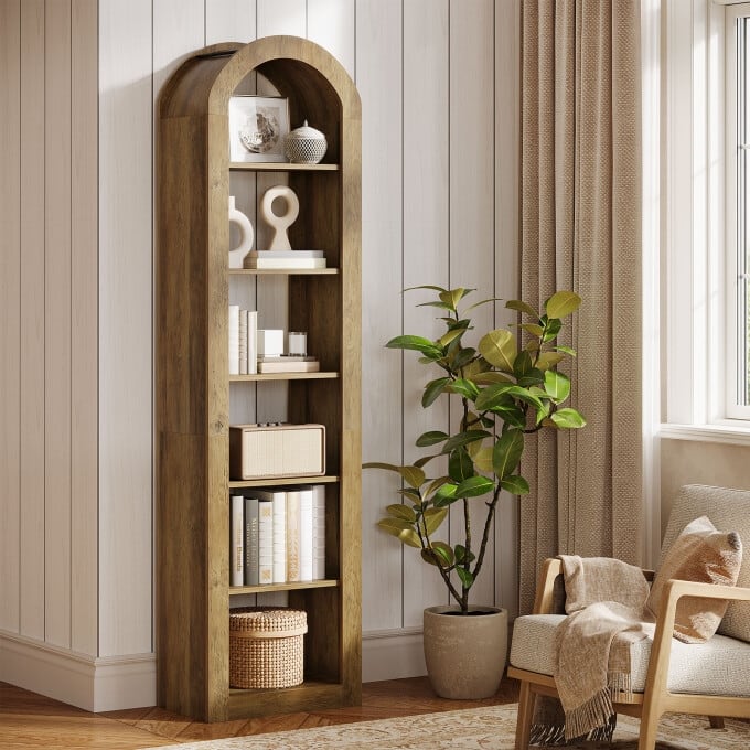 6-Tier Wooden Tall Bookshelf, 74.8 Inches Rustic Arched Bookcase