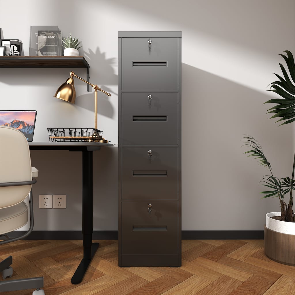 Metal Narrow File Storage Cabinet with Anti-Tilt Drawers, 4 Drawer Vertical Filing Cabinet with Lock