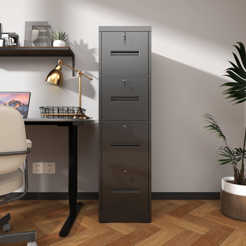 Modern 4-Drawer Vertical Black Filing Cabinet with Locking, Silent Slides and Adjustable Hanging Rod, for Home Office