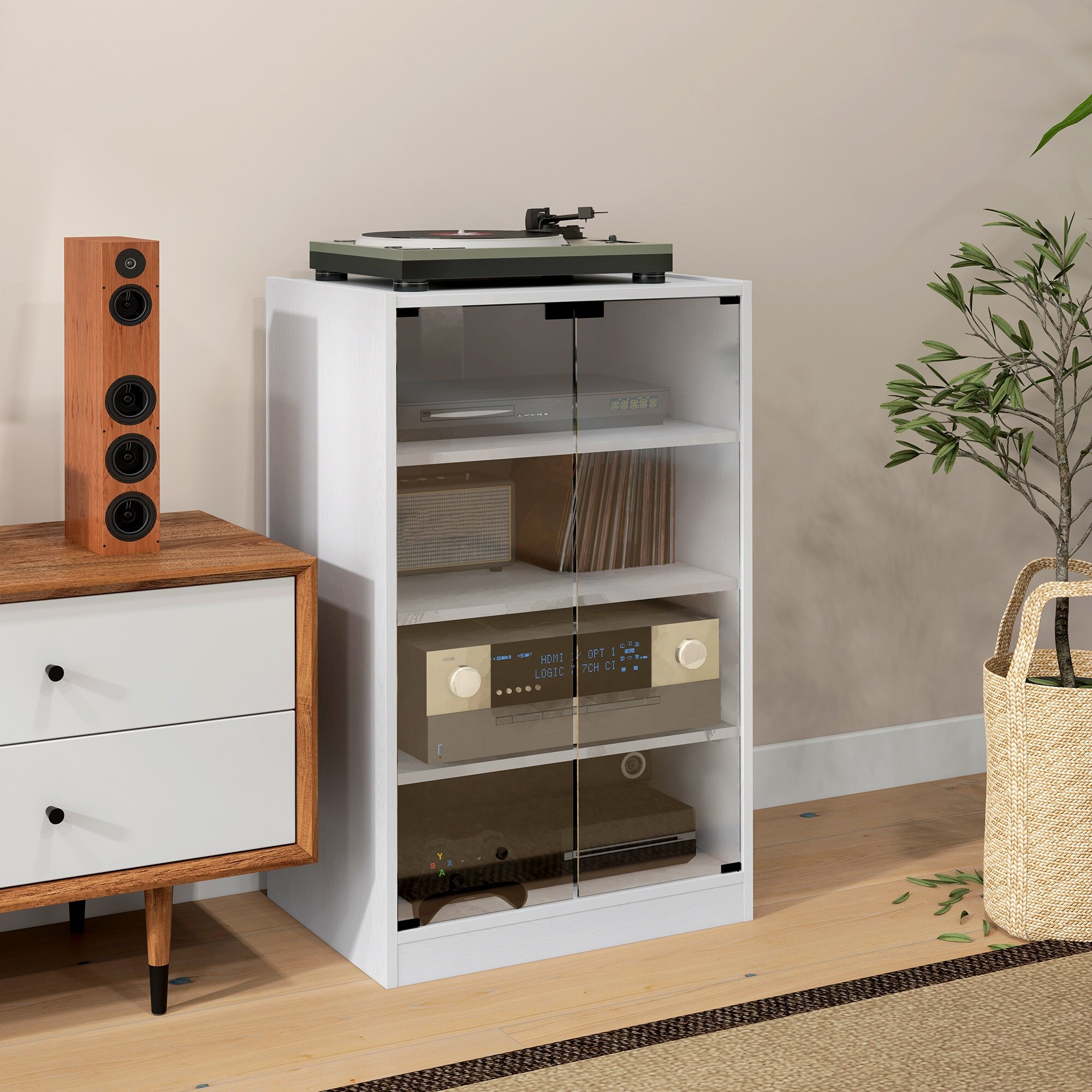 HOMCOM Media Cabinet 4 Tier Stereo Cabinet Modern Audio Video Media Stand with Adjustable Shelves Tempered Glass Doors On Sale Bed Bath Beyond 40743504