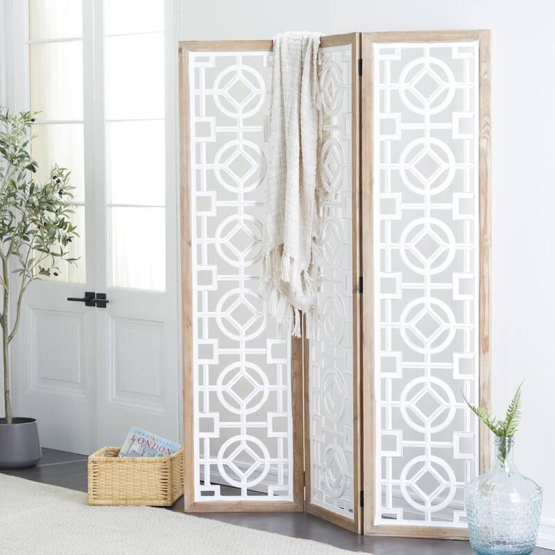 Wood Geometric Hinged Foldable Partition 3 Panel Room Divider Screen with Intricately Carved Designs - White - Roche River Decor