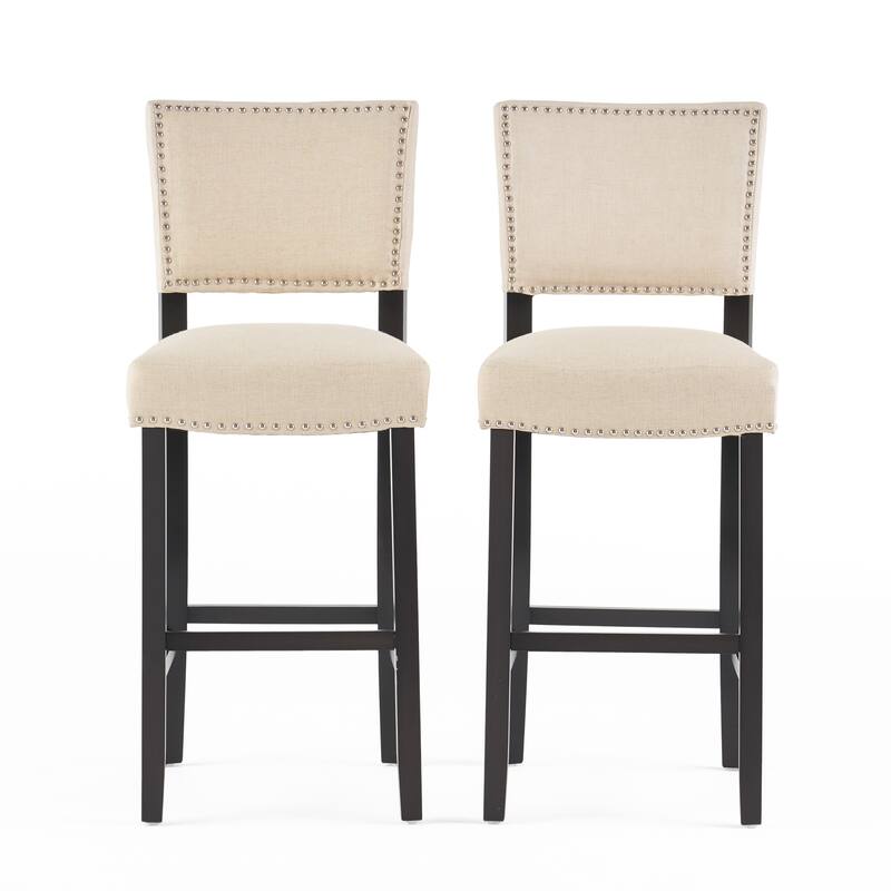Set of 2 Upholstered Bar Stools with Wood Frame & Rivet Details, Padded Fabric Cushion for Kitchen & Dining