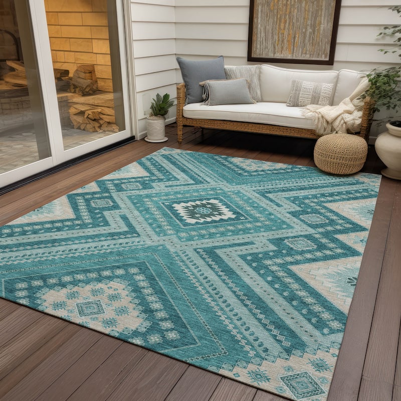 Machine Washable Indoor/ Outdoor Global Boho Chantille Rug - Teal - 3' x 5'
