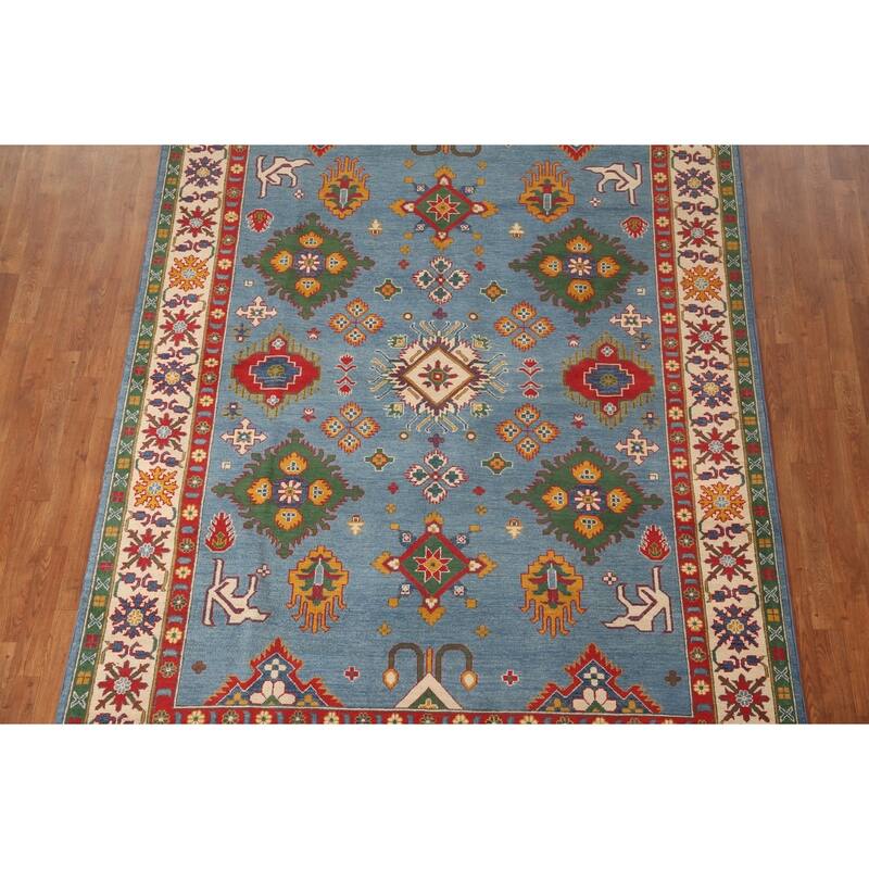 Blue Geometric Kazak Area Rug Hand-Knotted Wool Carpet - 6'10" x 9'7"