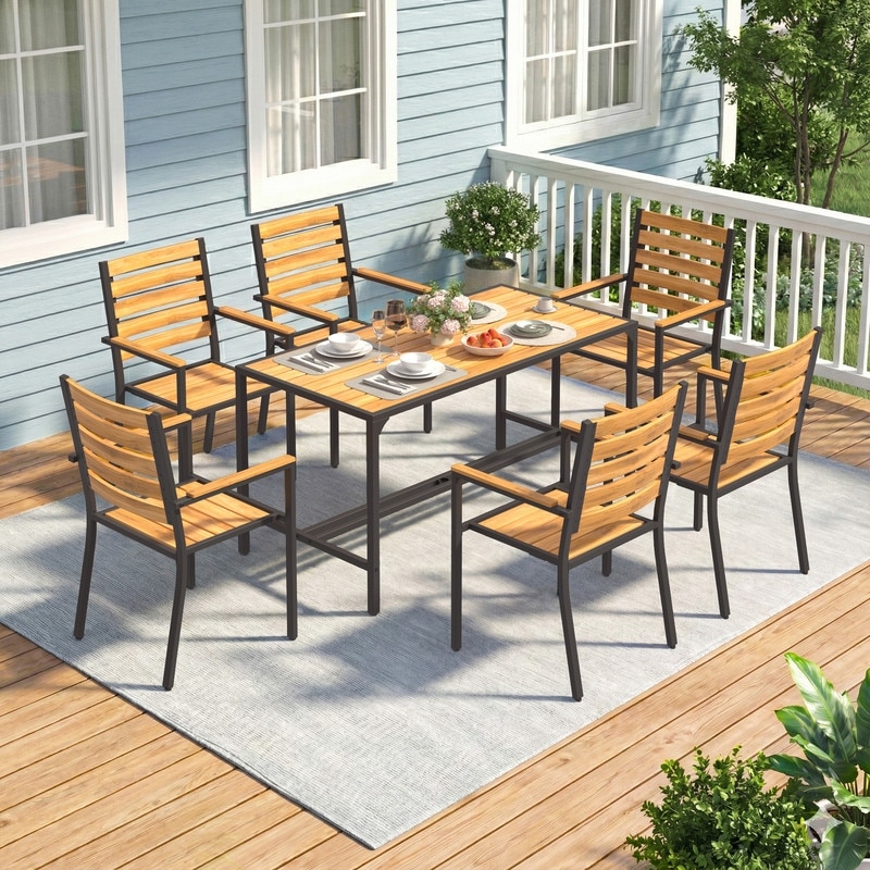 7-Piece Acacia Wood Outdoor Dining Set for 6, Reclining Back Armchairs & Rectangular Table with 1.6" Umbrella Hole
