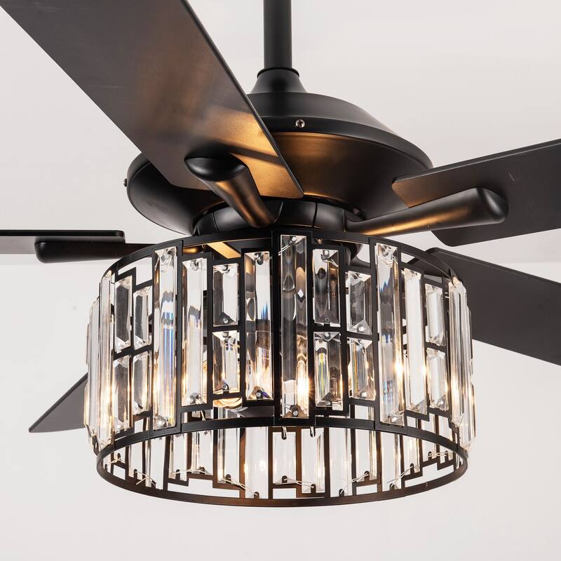 52" Matte Black Industrial Crystal Caged Downrod Mount Ceiling Fan with Remote and Light