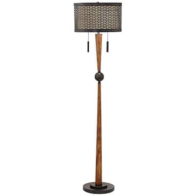 Mid Century Modern Floor Lamp Cherry Wood Perforated Metal Shade - 16" x 64"