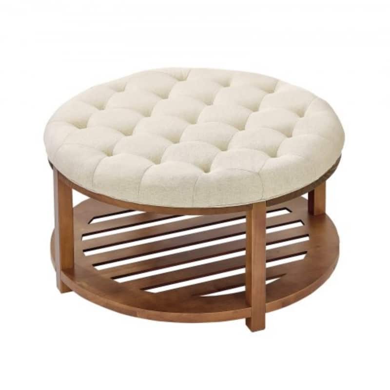 Linen Round Ottoman Coffee Table with Storage Tufted Upholstered Bench Footrest 350 lbs Capacity - Brown