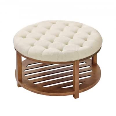 Linen Round Ottoman Coffee Table with Storage Tufted Upholstered Bench Footrest 350 lbs Capacity