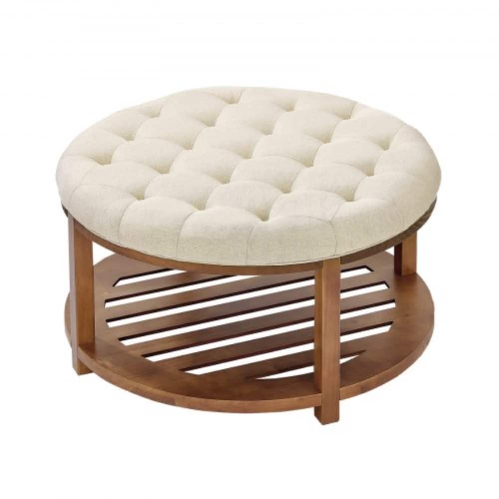 Linen Round Ottoman Coffee Table with Storage Tufted Upholstered Bench Footrest 350 lbs Capacity