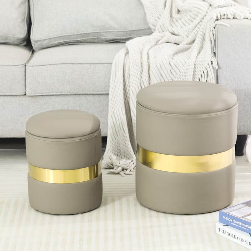 Adeco Set of 2 Velvet Storage Ottoman Round Foot Stool Metal Band